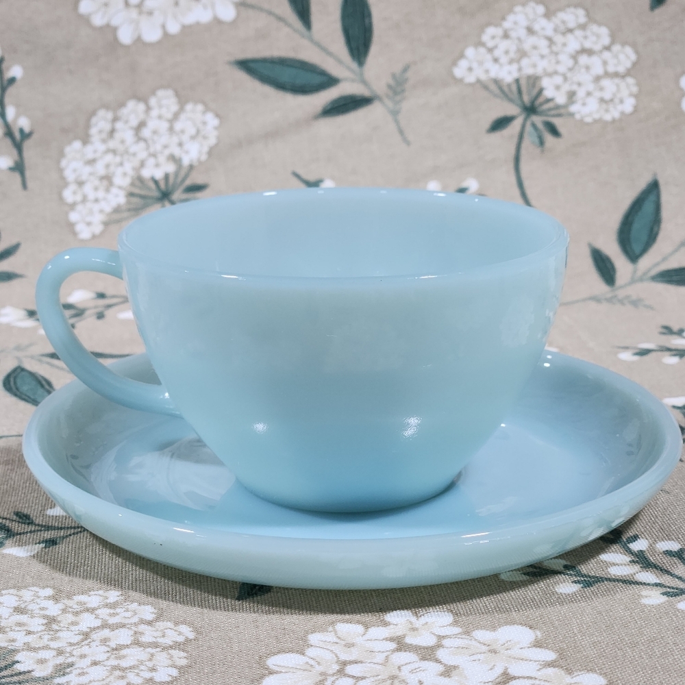 Fire King Blue Delphite Tea Cup and Saucer Set Vintage Anchor Hocking Turquoise - Picture 3 of 11